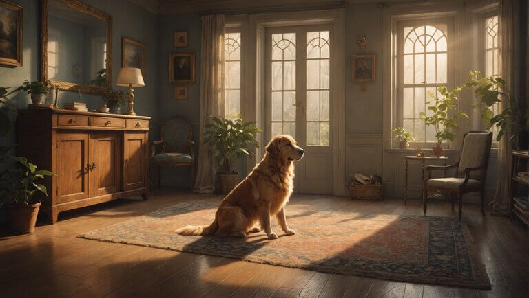 A golden retriever sits on a patterned rug in a sunlit room with large windows, surrounded by furniture, plants, and framed pictures. One wonders if dogs can see passed loved ones as the retriever gazes thoughtfully into the light.