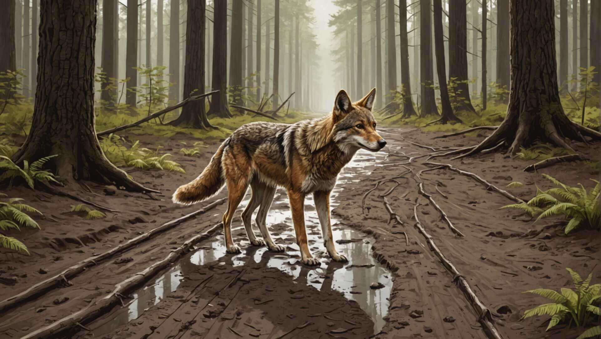 A lone coyote pauses on a muddy forest trail, its paw prints mingling with indistinct tracks among the tall trees and ferns, shrouded in mist.