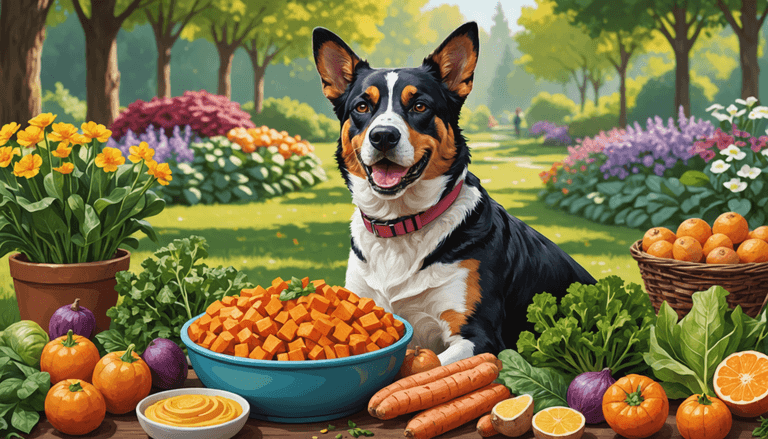 A dog sits in a garden surrounded by fresh vegetables, including carrots, sweet potatoes, and greens, with vibrant flowers in the background.