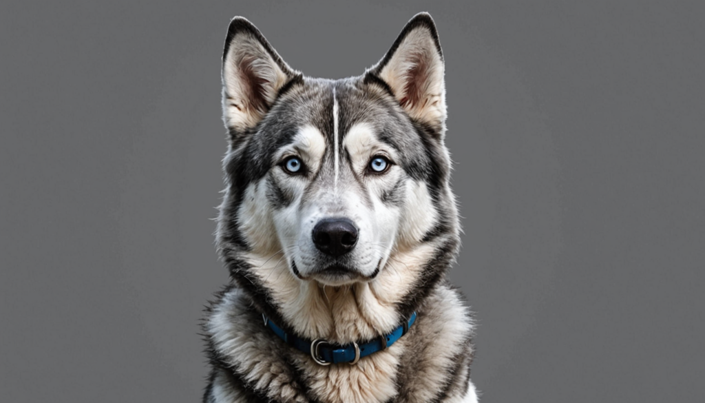 A husky with blue eyes and a blue collar stands proudly against a gray background, embodying the spirit of badass grey dog names.