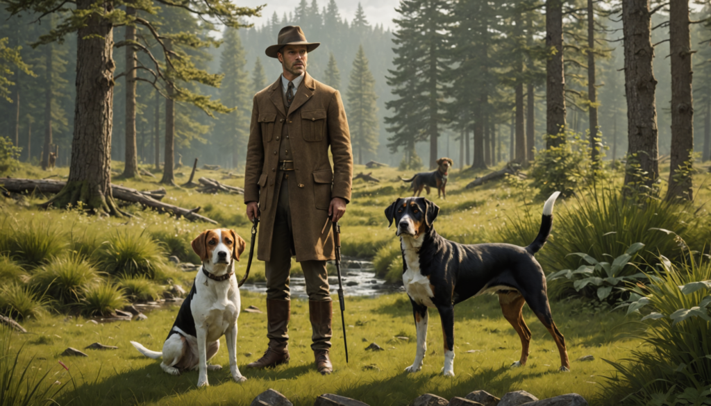 A man in a brown coat and hat stands in a forest with two dogs, one aptly named Tracker. Another person and their hunting dog, Scout, can be seen in the background near a small stream.