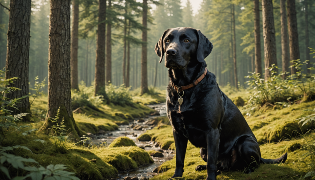 A black Labrador named Shadow sits on mossy ground in a sunlit forest near a small creek, embodying the essence of catchy hunting dog names.