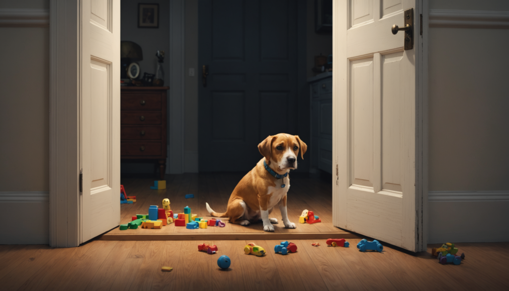 A dog sits in a doorway surrounded by scattered colorful toys on a wooden floor in a dimly lit room, ready with a bark whenever I leave the room.