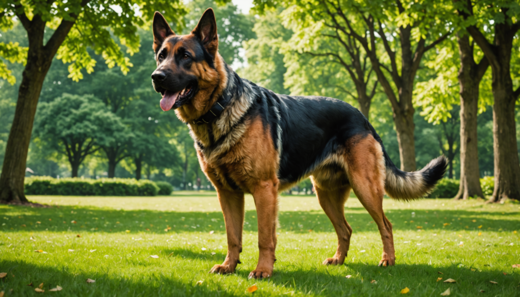 A German Shepherd stands on a grassy field in a park, surrounded by trees, with its tongue out.