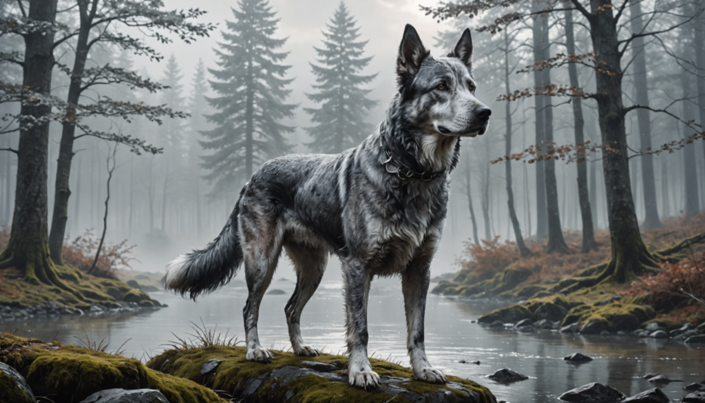 A badass grey dog, resembling a majestic wolf, stands on mossy rocks in a misty forest with towering trees and a tranquil river.