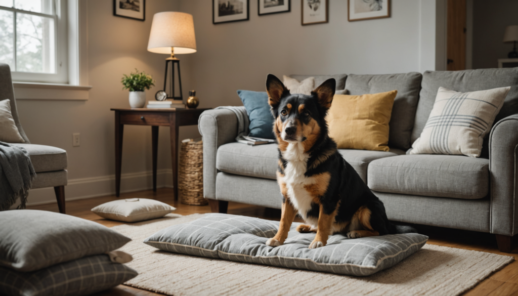 A dog sits on a cushion in a cozy living room with a sofa, pillows, and a lamp, quietly pondering if the latest Does My Dog Have Anxiety Quiz might offer insights into its serene surroundings.