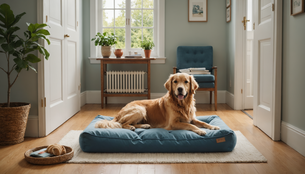 Golden retriever lying on a blue dog bed in a cozy, light-filled living room with wooden floors and potted plants, keeping an eye out for when you leave the room.