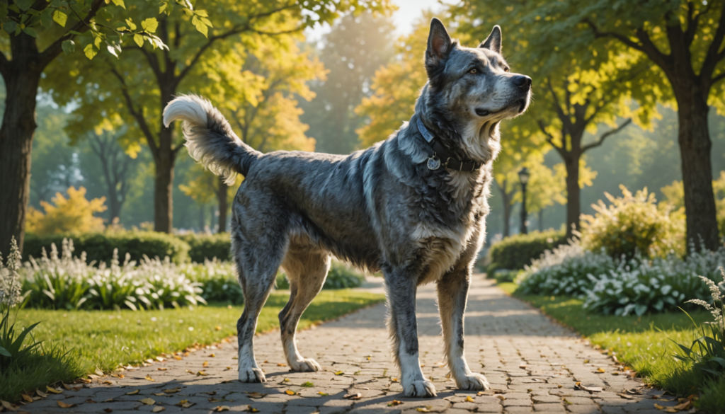 A large, badass grey dog stands alert on a sunny, tree-lined path with lush greenery and white flowers on either side.