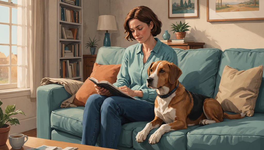 A woman is sitting on a sofa reading a book with a dog beside her. The room is well-lit with plants and wall frames.