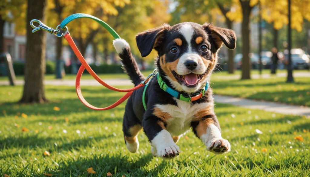 A playful puppy, occasionally biting its colorful leash, runs and jumps on the grass in a park surrounded by autumn trees.