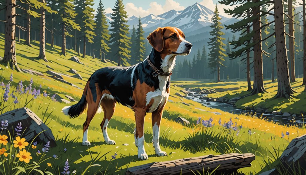 A tricolor dog, perhaps deserving of one of those catchy hunting dog names, stands in a sunlit forest clearing surrounded by wildflowers, trees, and mountains.