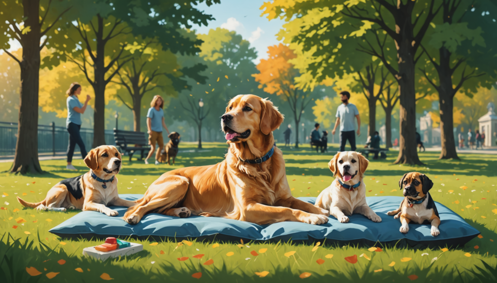 Four dogs relax on a blue mat in a park, surrounded by trees and people walking by. The serene scene offers a peaceful moment to ponder, "Does My Dog Have Anxiety Quiz?" as the pups bask in the tranquility of their surroundings.