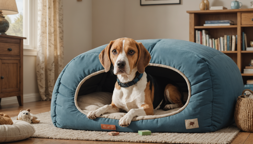 A beagle barks when I leave the room, but now it rests inside a blue dog bed in a cozy living room, surrounded by toys on the floor and shelves in the background.