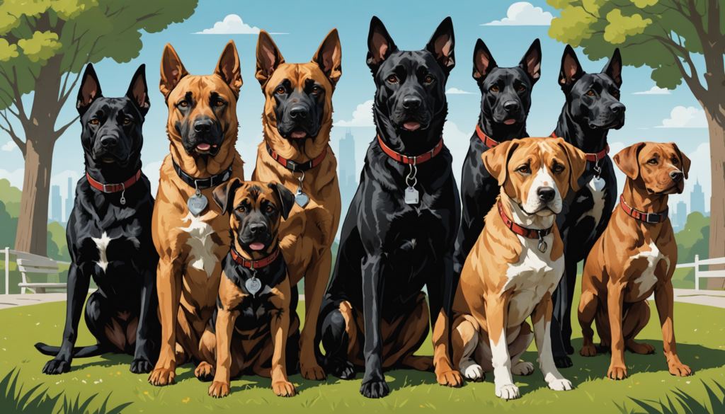 A group of nine dogs, including German Shepherds and Boxers, sitting and standing in a park with trees and a city skyline in the background.