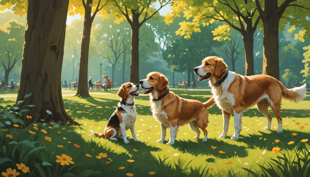 Three dogs, including two golden retrievers and a beagle, stand in a sunlit park surrounded by trees and flowers, with people walking in the background.