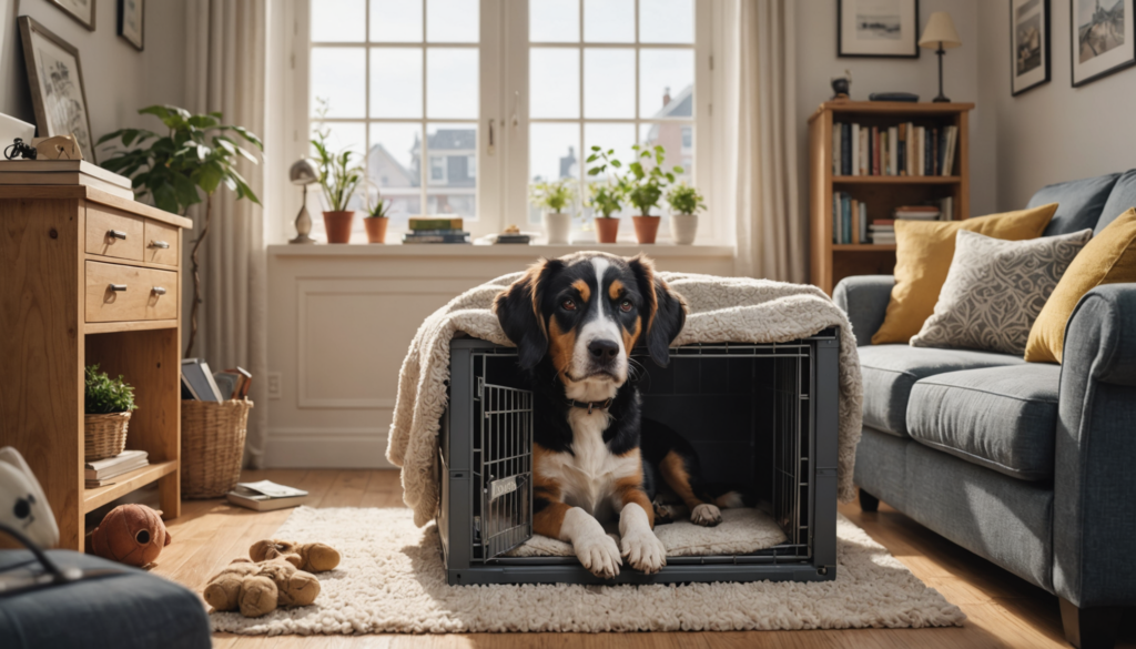 A dog that often barks when I leave the room rests quietly in a crate inside a cozy living room with large windows, plants, books, and a sofa.