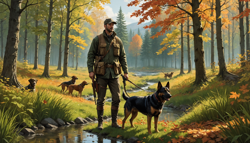 A man walks a German Shepherd on a leash through an autumn forest, with three other dogs—perhaps destined for catchy hunting dog names—frolicking near a creek in the background.