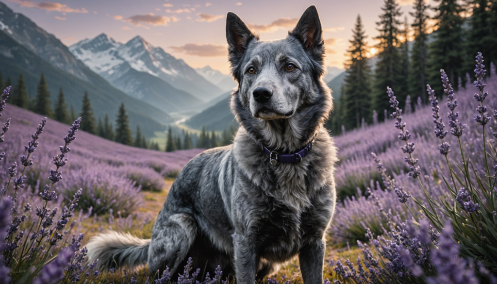 A blue heeler, embodying the spirit of badass grey dog names, sits in a lavender field with mountains and pine trees silhouetted against the sunset.