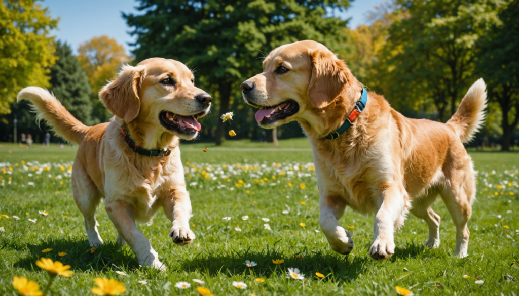 Two golden retrievers playfully run on a grassy field with flowers.