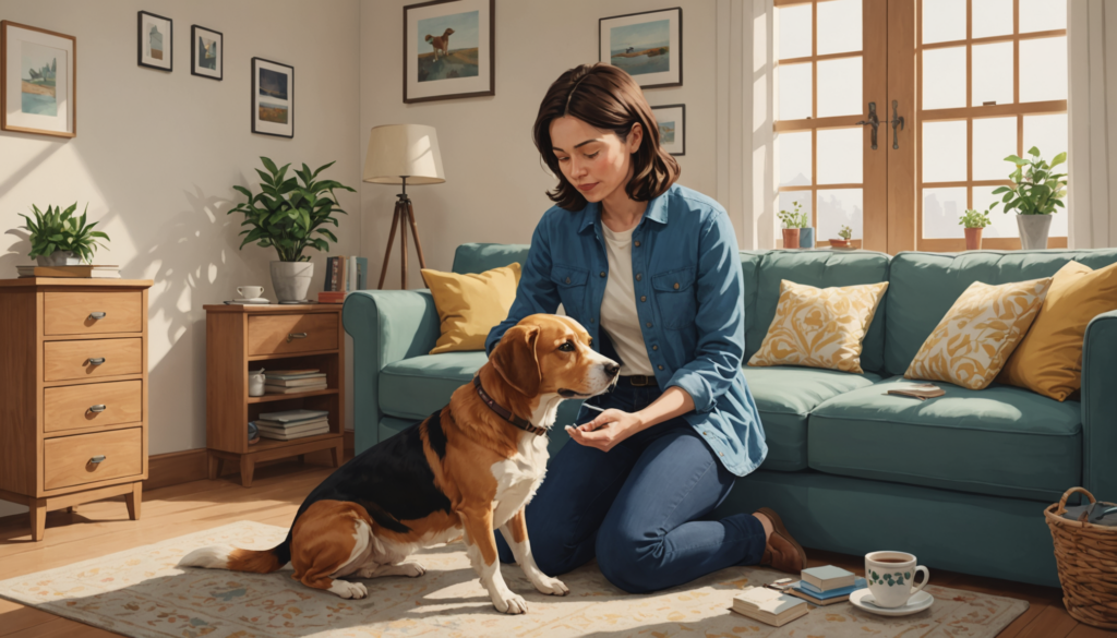 A woman kneels in a cozy living room, pondering the "Does My Dog Have Anxiety Quiz" as she gives a treat to her Beagle. The space features a teal sofa, houseplants, framed pictures, and a cup on the floor.