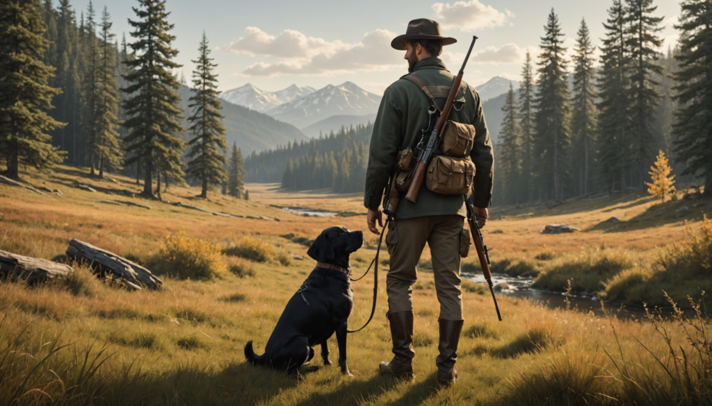 A person in outdoor gear stands with a rifle and their trusty canine companion, perhaps named Hunter or Scout, in a grassy valley bordered by pine trees and mountains.