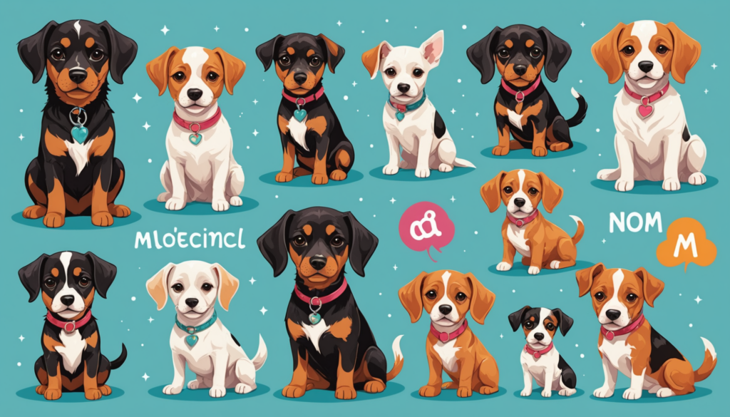 Illustration of twelve cartoon dogs in various poses against a blue background, with playful symbols and stylized text in between them.