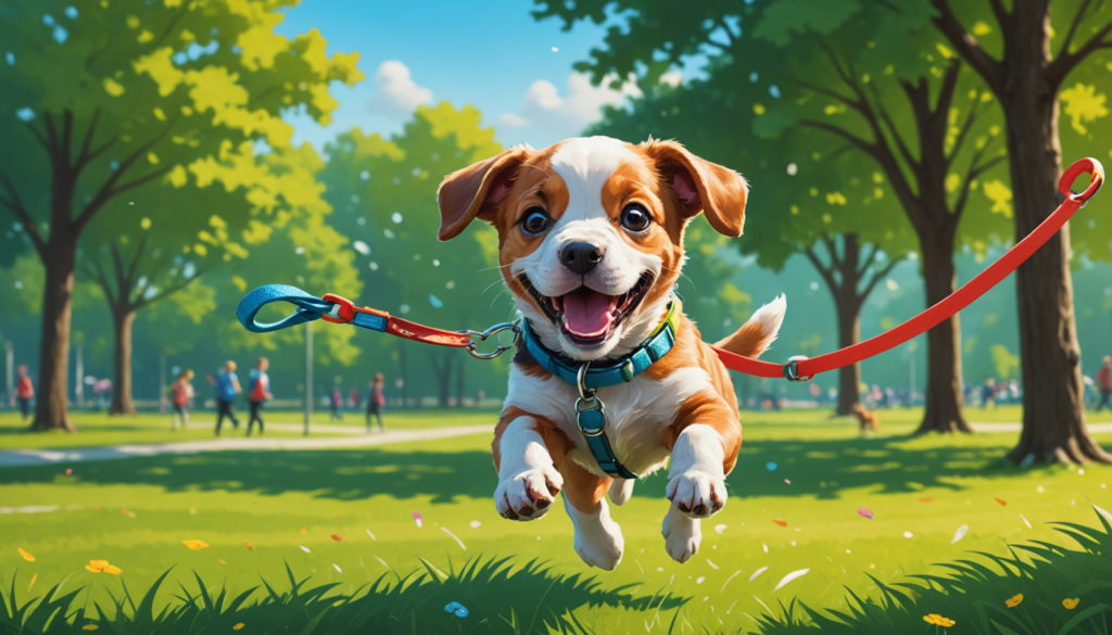 A joyful puppy, biting its leash in excitement, jumps as it runs through a sunny park with people walking in the background.