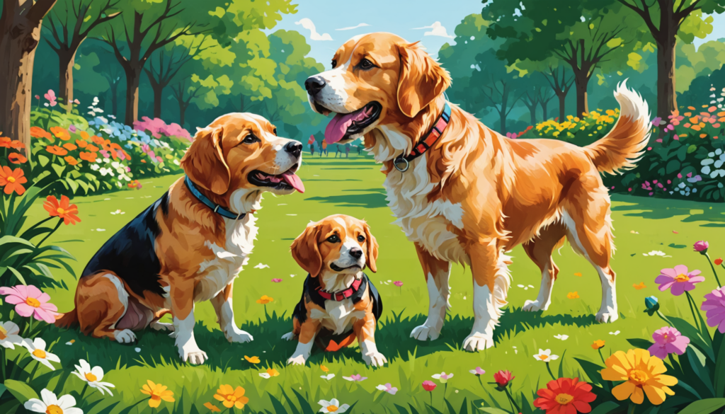 Three dogs stand together in a colorful flower-filled garden, surrounded by trees under a clear blue sky.