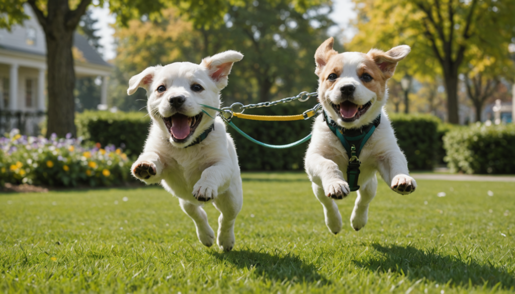 Two puppies joyfully leap forward on the grassy lawn with trees and flowers in the background, each wearing harnesses. As they play, one is caught biting its leash, adding to their playful antics.