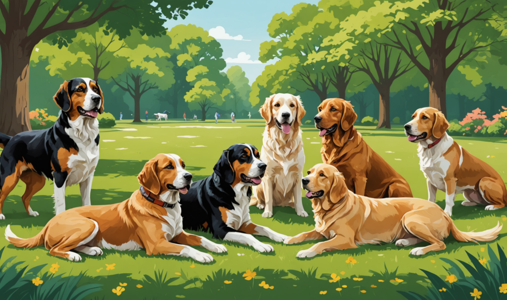 A group of seven dogs of various breeds sits and lies on the grass in a park, enjoying a peaceful afternoon while trees sway gently in the background. Ever wondered how they feel? Take the 'Does My Dog Have Anxiety Quiz' to ensure their happiness amid such blissful moments.