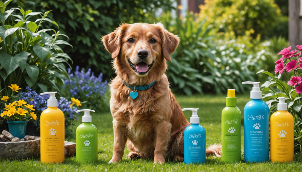 A dog sits on grass in a garden, surrounded by bottles of pet shampoo and grooming products.