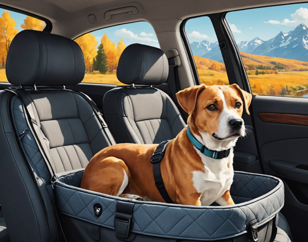 A brown and white dog sits in a pet seat in a car. The car interior is gray. Outside, there are autumn trees and snow-capped mountains under a clear sky.