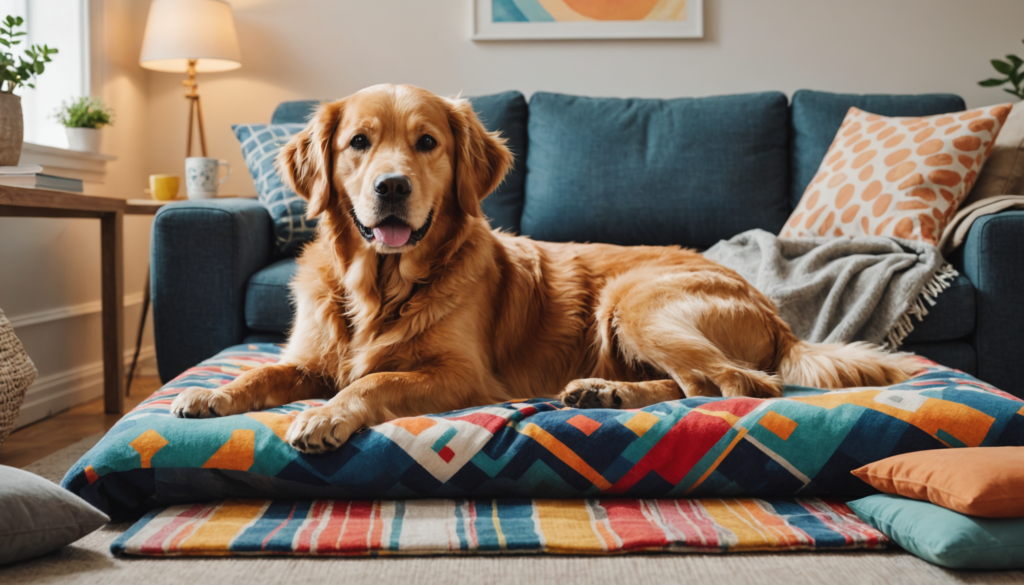 A golden retriever lies on a patterned dog bed in a cozy living room, occasionally licking the soft blanket beside it. The space features a blue sofa adorned with colorful pillows and a warmly glowing lamp.