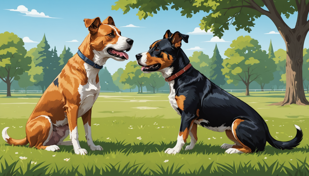 Two dogs, one brown and white with a blue collar and the other black, brown, and white with a red collar, sit facing each other in a grassy park. Their playful interaction seems poised on the edge of dominance as they eagerly await their next playful move.