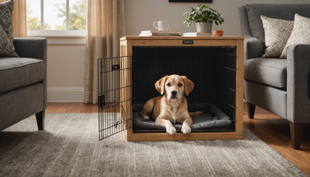 A dog, looking notably guilty, lies inside a wooden crate with an open door in a cozy living room. The crate has a cushion for comfort, and on top are plants, a coffee cup, and books. Meanwhile, two gray armchairs flank the scene as if unaware of the little mishap when the dog pooped in its crate.