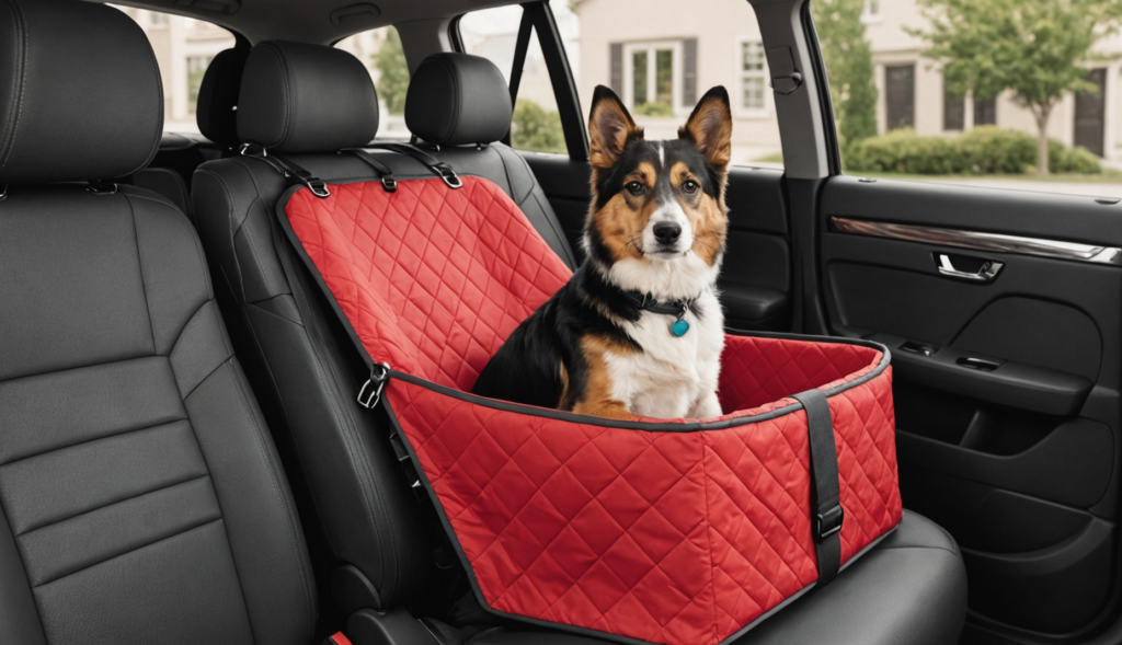 A dog sits in a red, quilted pet seat cover on the back seat of a car.