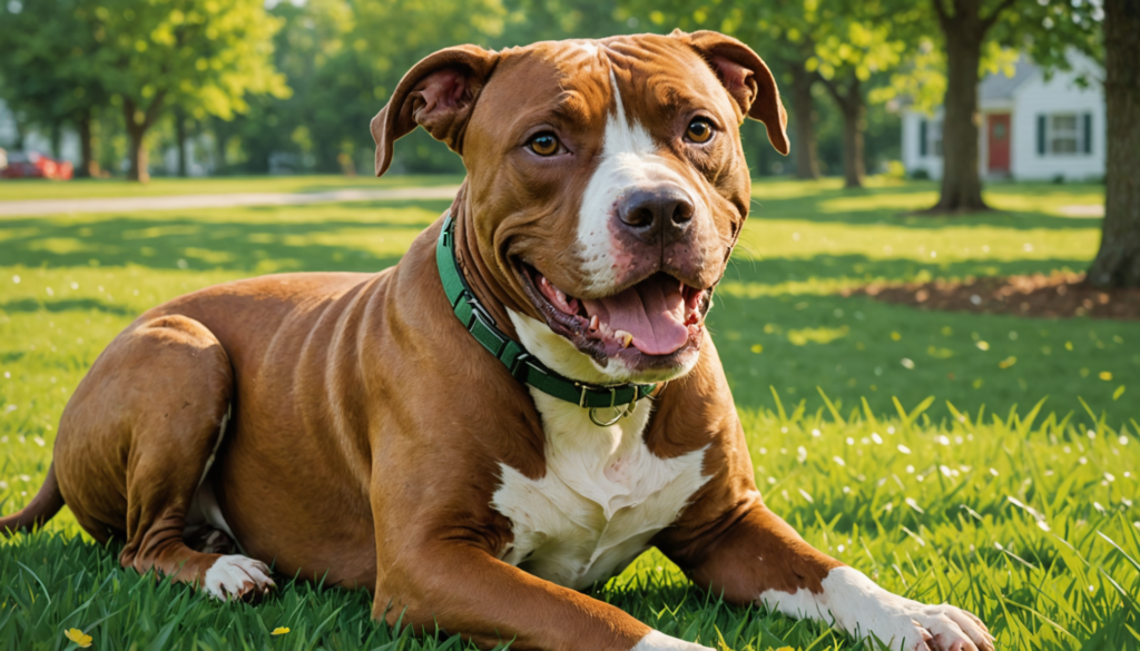 A brown and white dog is gently nibbling on me as it lies on the grass in a park, its green collar contrasting with the lush surroundings. In the background, tall trees sway near a cozy house, creating a serene setting.