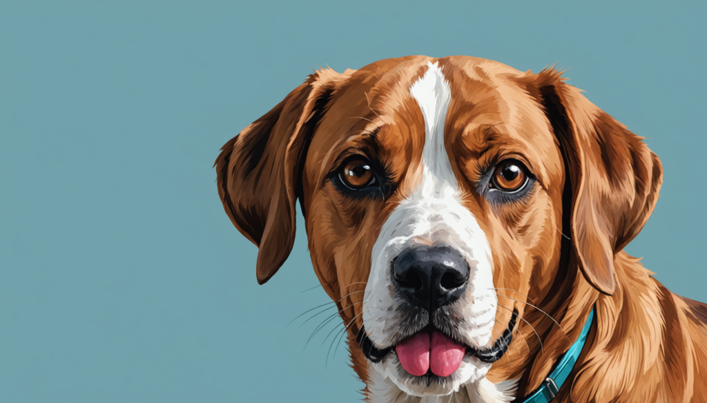 Illustrated portrait of a brown and white dog with a blue collar, facing forward against a plain blue background, subtly licking its lips.