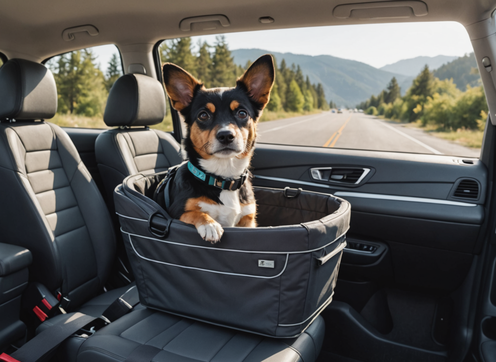 A corgi sits in a pet seat on the backseat of a car, looking forward. The car is traveling on a mountain road surrounded by trees.