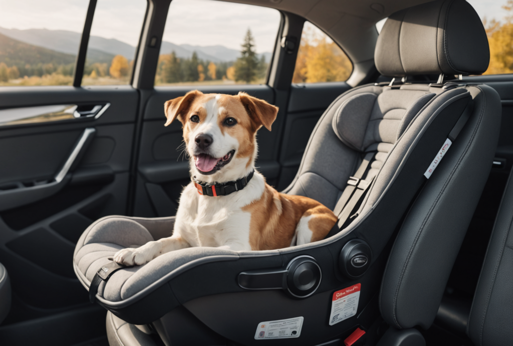 Dog sitting in a child's car seat inside a vehicle, surrounded by autumn scenery visible through the windows.