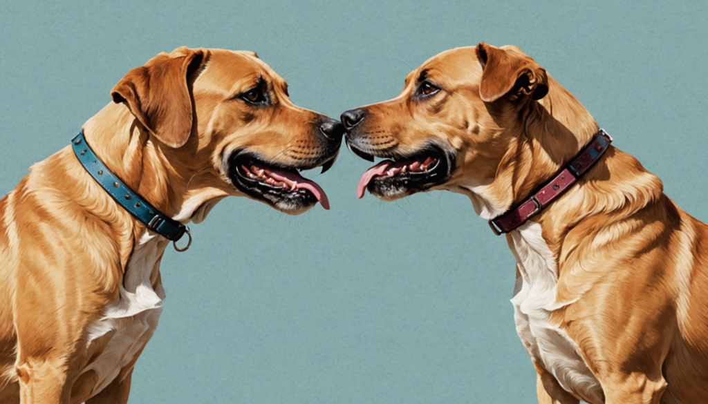 Two brown dogs wearing collars face each other, their noses gently touching against a plain blue background, suggesting a playful dominance without the need for any dog neck biting.