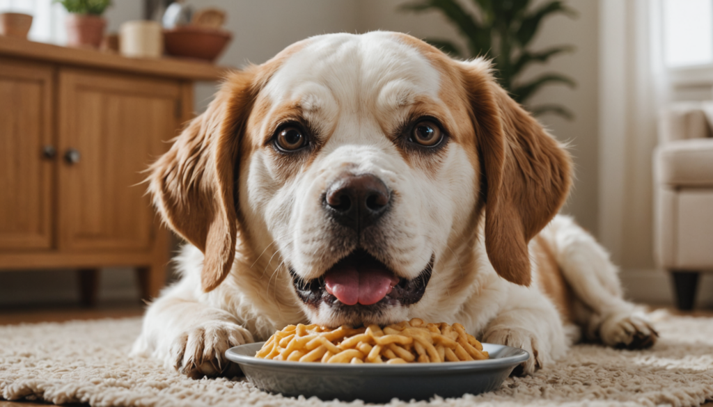 A dog lies on a carpet in the living room, gazing with curiosity at a bowl of pasta, its meaning clear as it begins licking its lips.