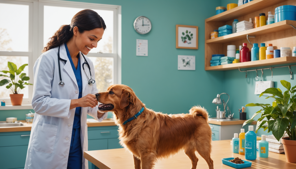 A veterinarian tends to a Golden Retriever on a table in a clinic. Shelves hold various supplies, and the room is well-lit with two large windows.