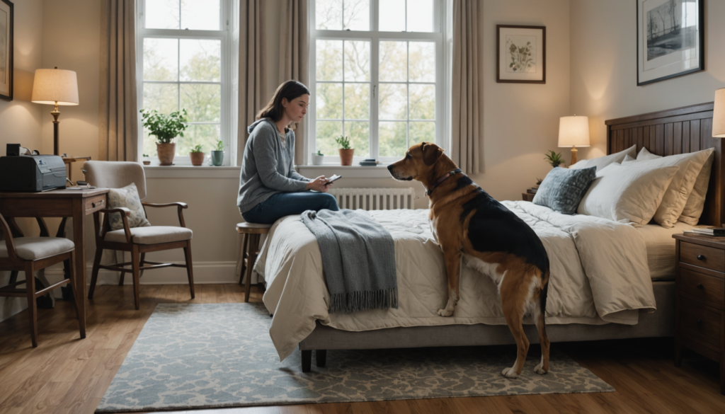 A woman sits on a bed using a tablet, with a dog standing at the bed's edge in a cozy bedroom.