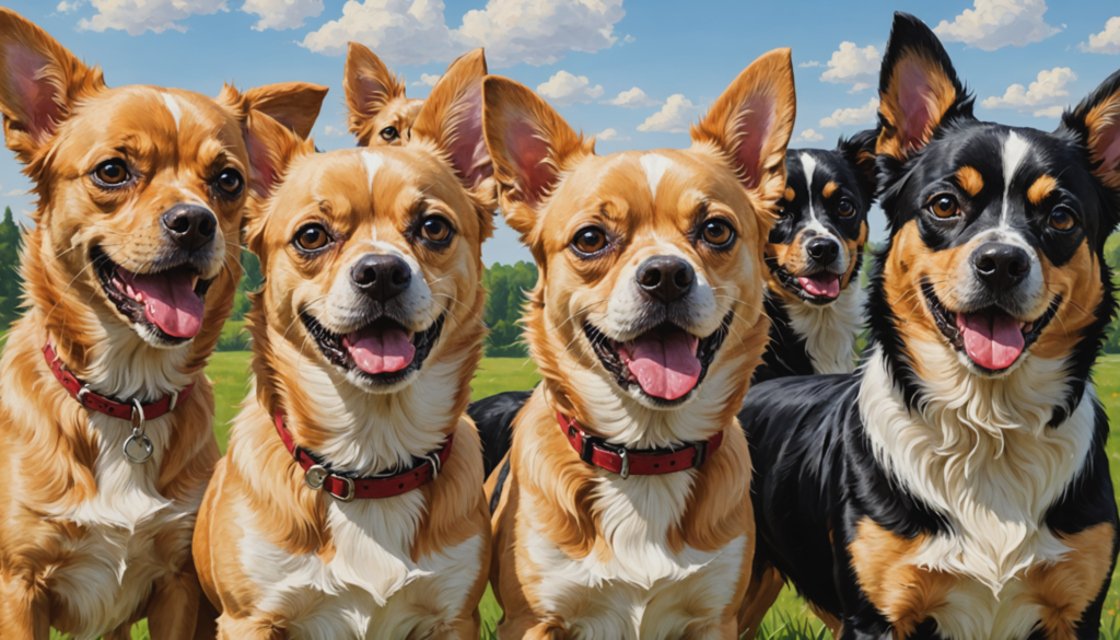 A group of six small, brown and black dogs with red collars sit in a field under a blue sky with clouds, one curiously licking its lips in delight.