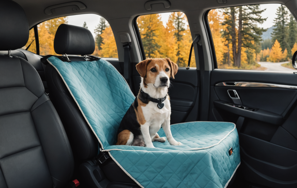 Beagle sits on a blue seat cover in the backseat of a car, looking outward. Car windows reveal a scenic view of autumn trees and a road.