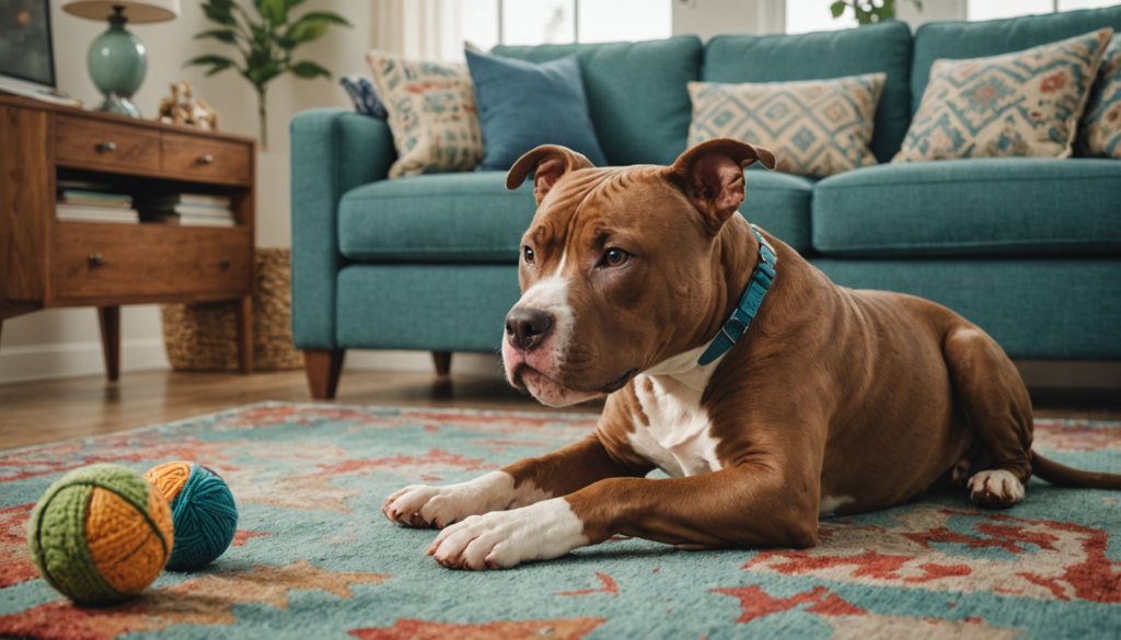 A brown and white dog is peacefully lying on a patterned rug in front of two balls of yarn. With a teal couch and decorative pillows as its backdrop, it looks like mischief might be brewing, reminiscent of the playful times when this same dog was caught nibbling on me.