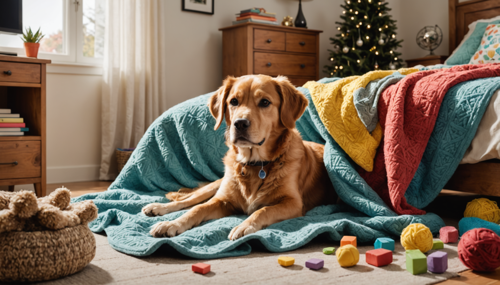 A golden retriever contentedly licks the teal quilt as it lies in a cozy bedroom, surrounded by colorful blocks and yarn balls. A decorated Christmas tree stands in the corner, adding a festive touch to the serene scene.