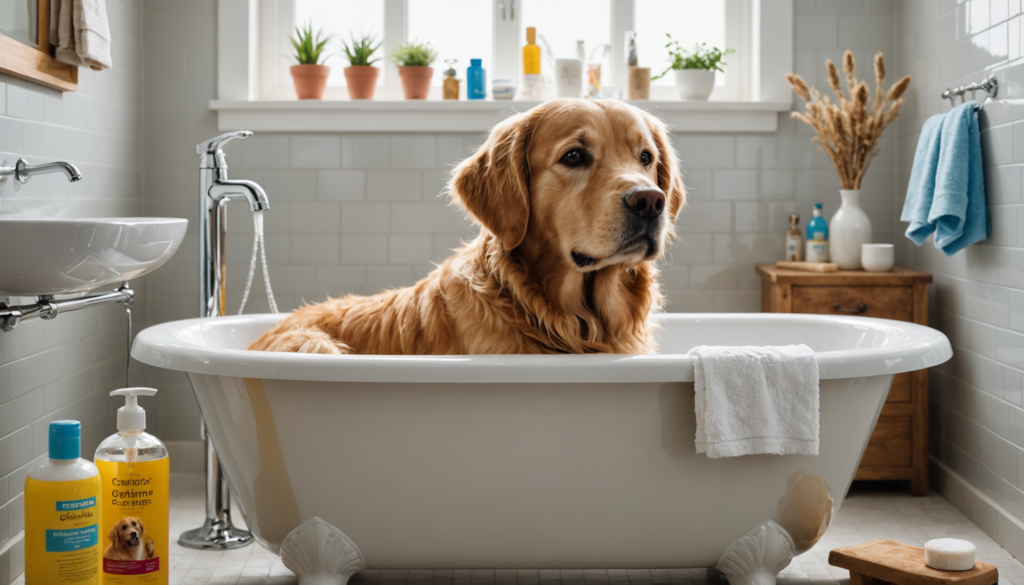 Golden retriever sitting in a white bathtub in a bathroom with plants, toiletries, and a towel hanging over the tub's edge.