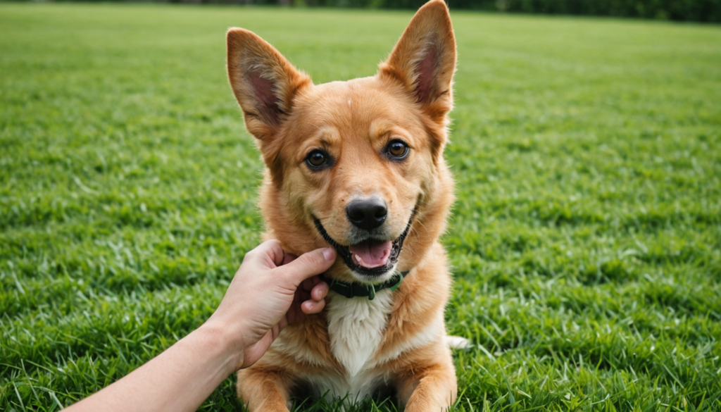 A small brown dog with large ears lies on green grass, nibbling gently as a hand pets its chin, looking adorably at the camera.